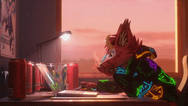 a reddish-pink freakhound with yellow horns wearing a multi-colored protogen hoodie stares at one of hatsune miku's magical mirai performances on it's laptop screen, surrounded by several pink monster cans and a special edition miku energy drink. there's a poster of hatsune miku colorful stage on the wall. the creature sits besides a window opening up to a cloudy sunset sky