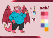 a fat reddish-pink fluff dragon stands waiving to the viewer, with pink braids, yellow horns, claws, and beans. it's clad in a blue hoodie and dark gray sweats.