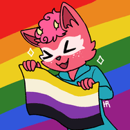 a pink cat ferret with yellow horns excitedly holding a non-binary pride flag. there's a rainbow pride flag backdrop