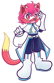 a pink cat-ferret cosplaying ai from puyo puyo tetris. it's wearing a futuristic costume with white and cyan boots, dark blue pants, and a white and cyan cape while holding a pendulum