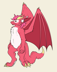 a slightly chubby pink fluff derg with a white potbelly, yellow claws, horns, and beans, and folded wings behind it looking to the left
