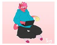 a reddish-pink cat-ferret in a blue hoodie and dark gray sweats sits on the ground, programming on it's laptop