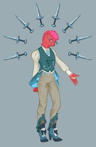 a reddish-pink ferret dressed fancily with 8 daggers floating around it's head