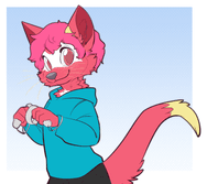 a reddish-pink cat-ferret with pink hair holding two oculus quest 2 controllers