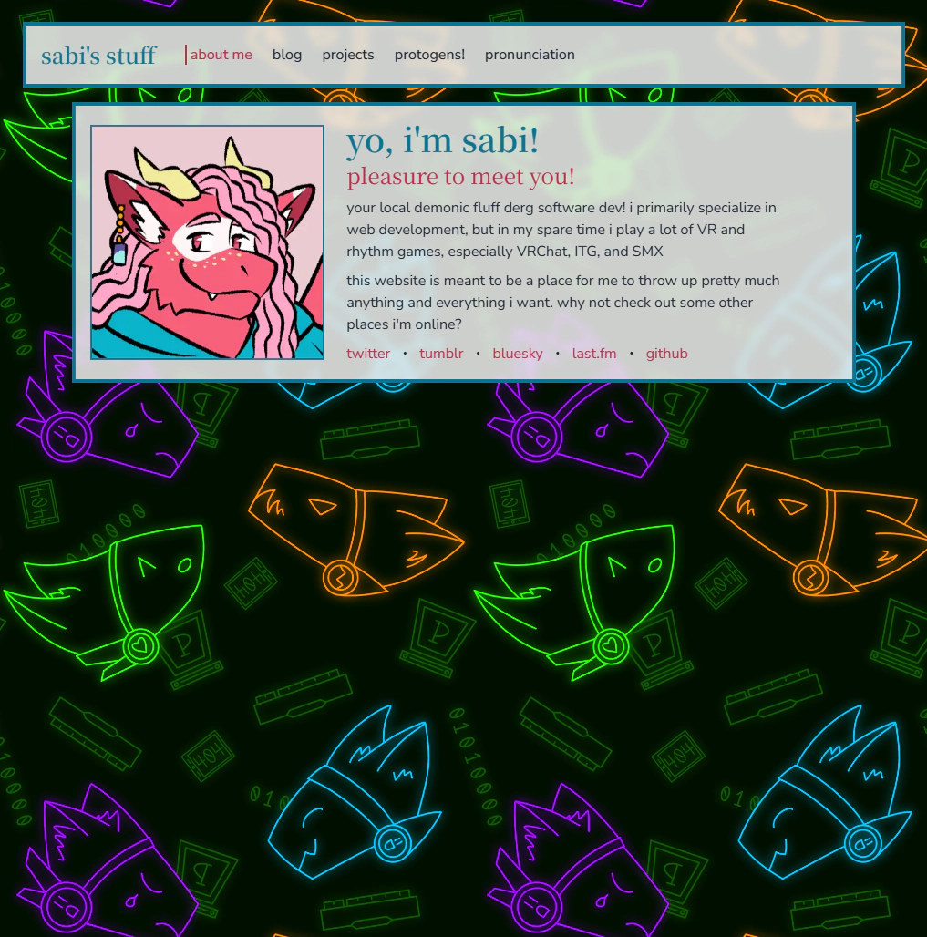 an image of sabi's website using tailwind css. the navbar is translucent white with a blue border with "sabi's stuff" in blue, and "about me" highlighted in pink indicating the current page. the profile card in the center is translucent white with a blue border