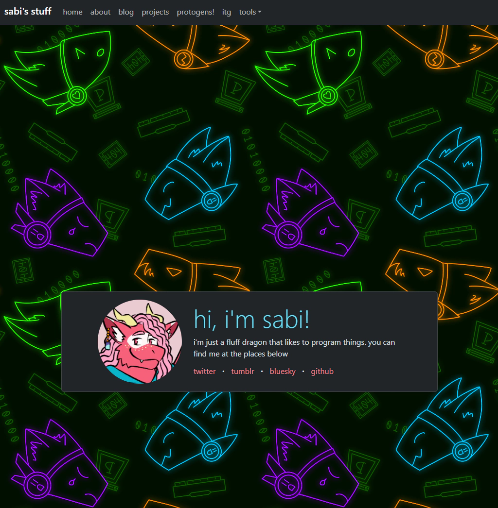 an image of sabi's website using bootstrap. the navbar is black with white text, and spans the whole top. the card in the center is black with a white border