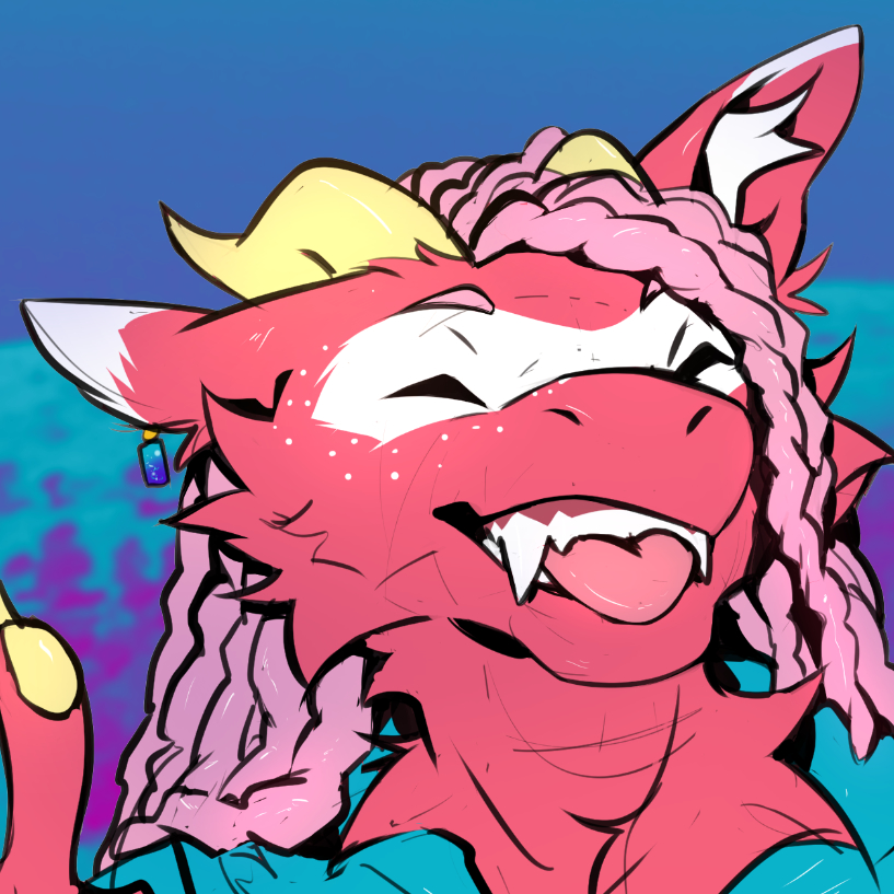 a reddish-pink dragon with it's eyes closed, smiling wide, blepping and showing it's fangs. it has pink dreads, yellow horns, and a white ferret-like mask and white ear tips. it's clothed in a blue hoodie