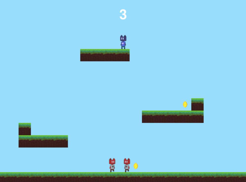 a screenshot of a game. the player, a blue cat with a transgender pride flag heart on it's shirt, has collected three coins, and stands on a platform at the top of the screen. two red cat enemies stand beneath them, with gray hearts on their shirts