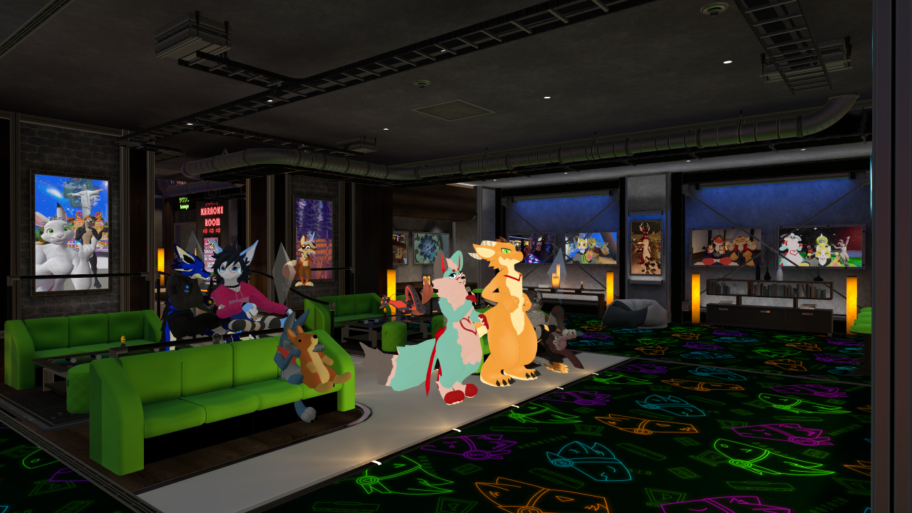 all manner of beasts sing together in a karaoke room where the floor is a green arcade-carpet-like pattern with neon orange, green, blue, and purples protogens tiled across it