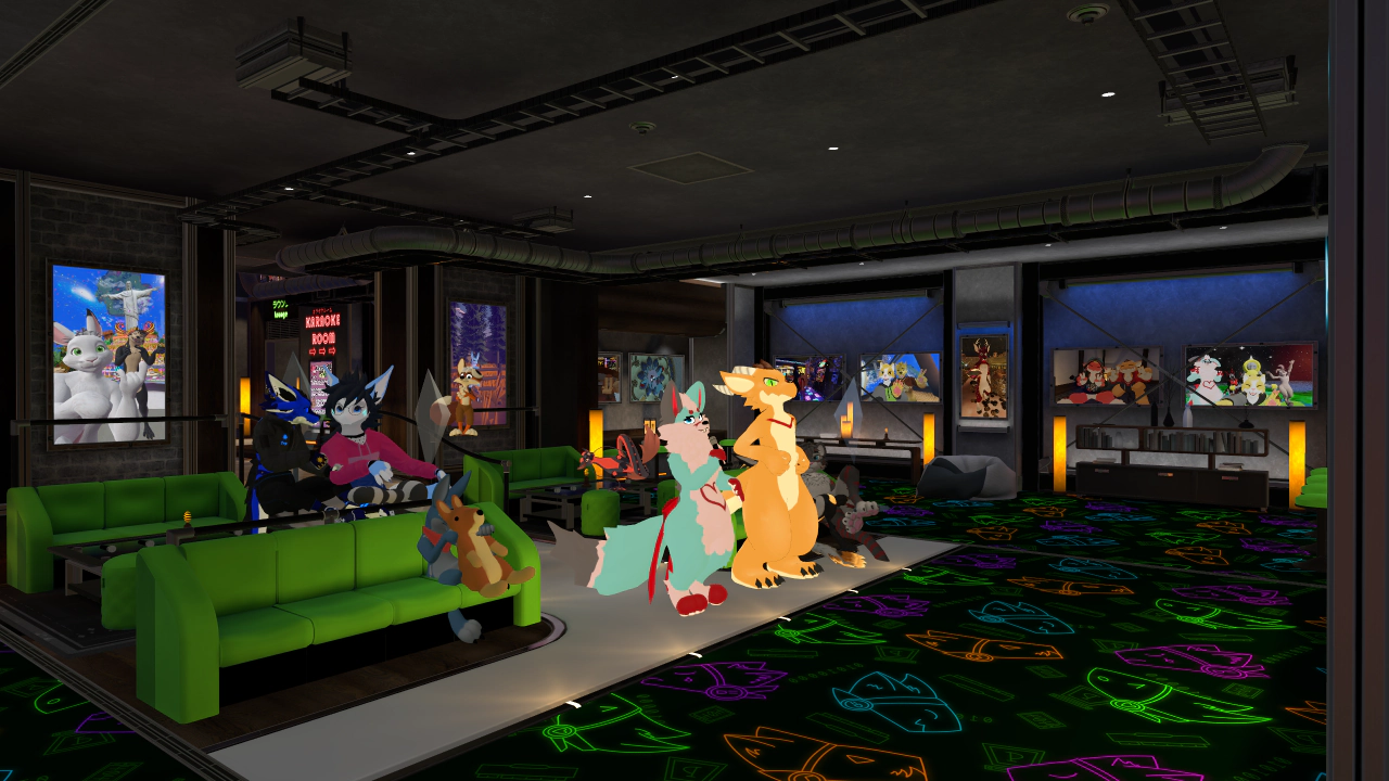 all manner of beasts sing together in a karaoke room where the floor is a green arcade-carpet-like pattern with neon orange, green, blue, and purples protogens tiled across it