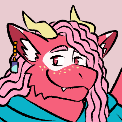 a red fluff dragon with pink hair and yellow horns wearing a blue hoodie looking at the viewer